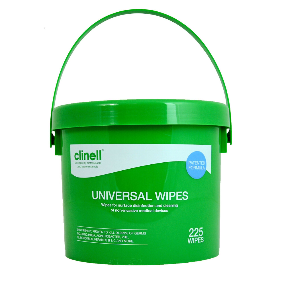Clinell Universal Wipes Bucket 225 CWBUC225 - Multi-Purpose Disinfectant & Hand Wipes, kills 99.999% in 10s