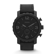 Montre Fossil JR1354 pour homme - Chronographe noir, boîtier rond en acier inoxydable 50 mm, bracelet cuir noir, étanche 5 ATM