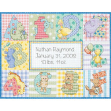 Dimensions Korsstygnsset Djurens Alfabet Födelsebevis Personlig Baby Gåva, 14 Count Vit Aida, 12" x 9"