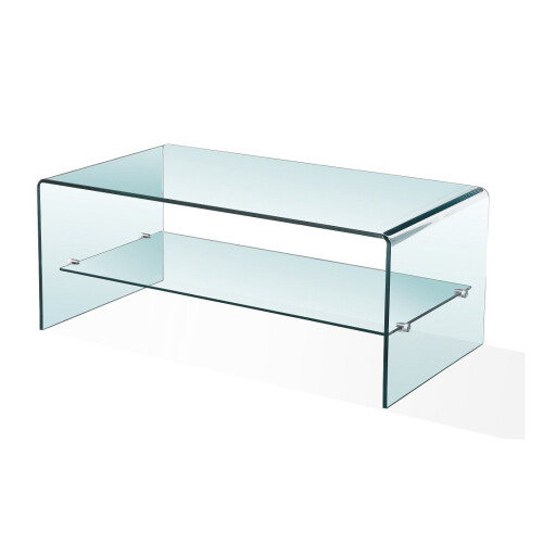 Luna Modern 2 Shelf Bent Curved Clear Tempered Glass Coffee Table