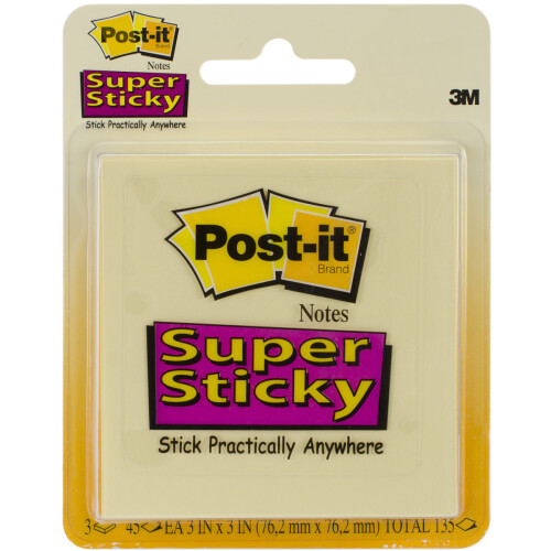3M Post-It Super Sticky Notes 3"X3" 3/Pkg-Canary Yellow W/45 Sheets