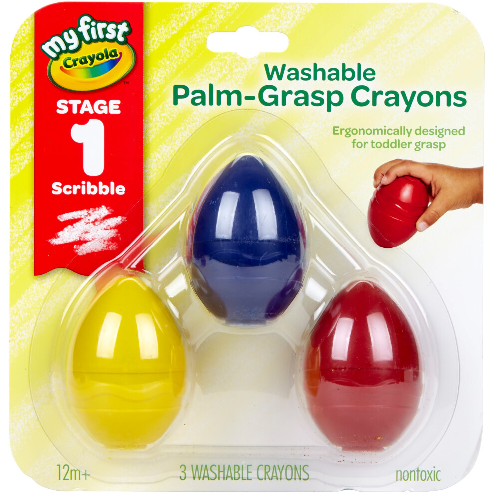 Crayola My First Washable Egg Crayons - 3 Palm-Grasp Colors (Red/Blue/Yellow), Washable from Skin & Clothing, 81-1450