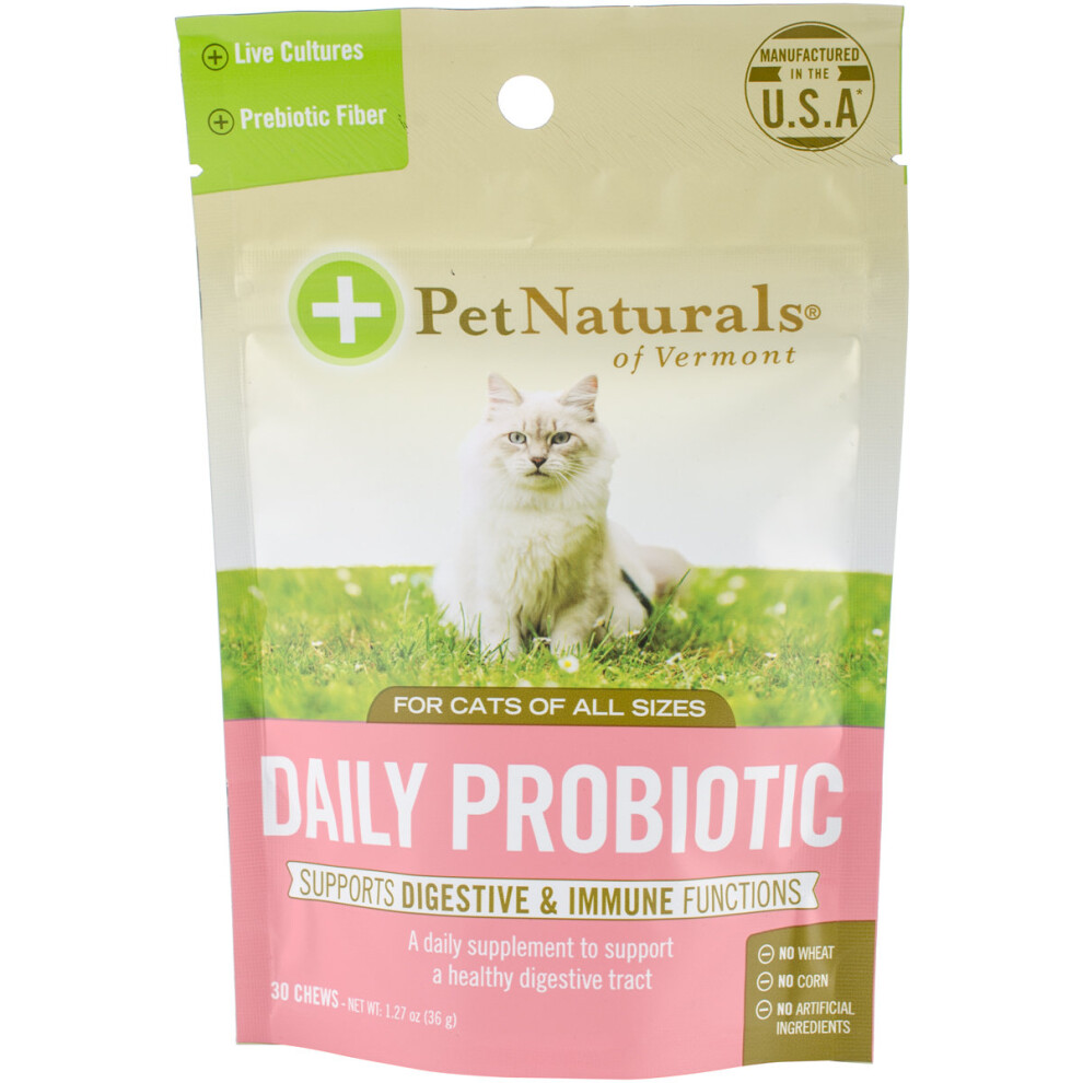 Pet Naturals of Vermont Daily Probiotic for Cats - 30 Chews (36g) with GanedenBC30, Prebiotic Fiber, NASC, Vet-Formulated, No Wheat/Corn 70053C30