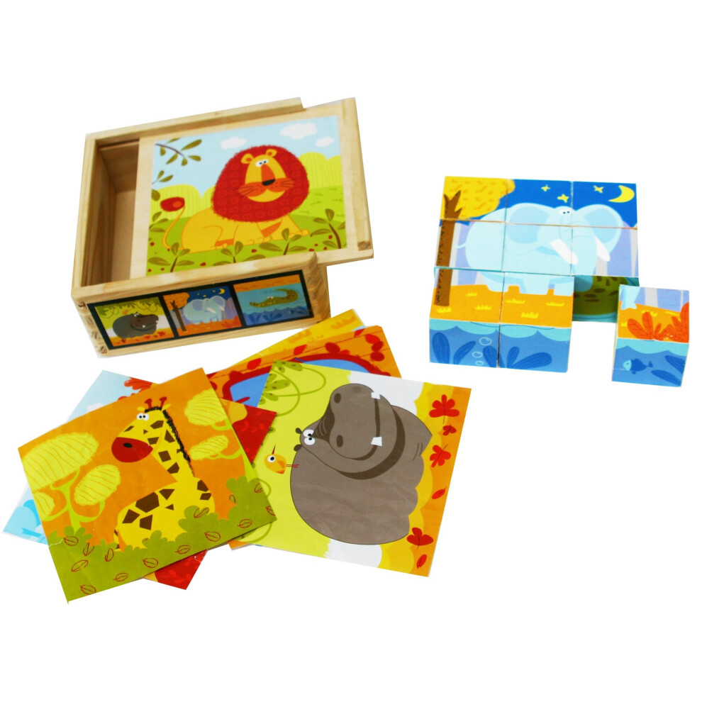 Toys Of Wood Oxford Blocks Jigsaw Puzzles – 9 Cubes Wild Animals In A Wooden Box