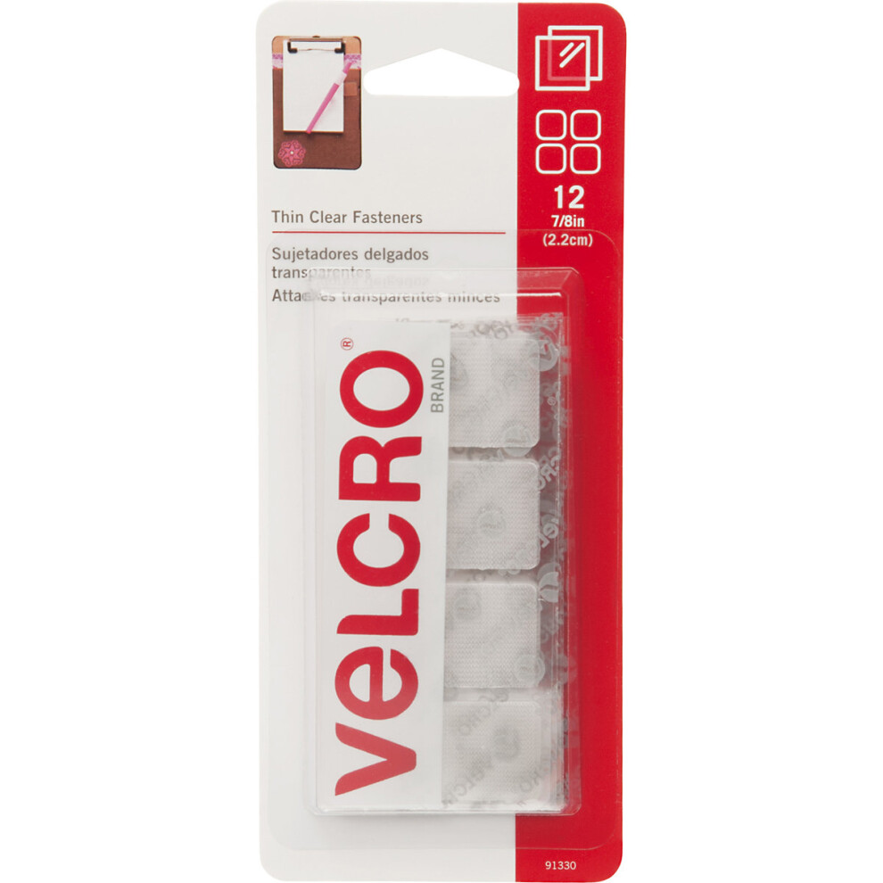 VELCRO(R) Brand Thin Fasteners Squares .875" 12/Pkg-Clear