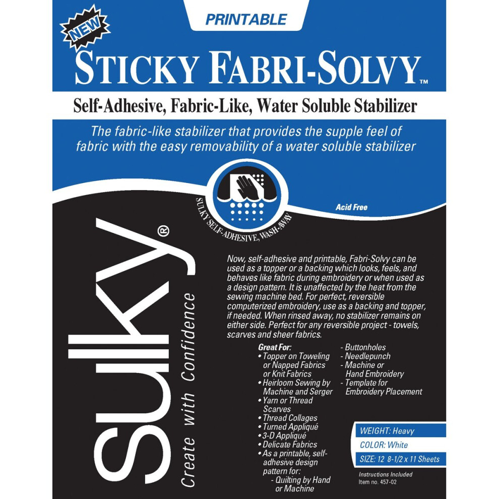 Sulky Sticky Fabri-Solvy Stabilizer 8.5"X11" 12/Pkg-