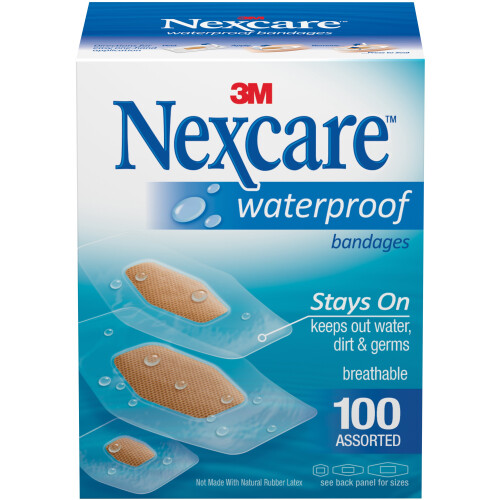 3M Nexcare Waterproof Bandages 100/Pkg-Assorted Sizes