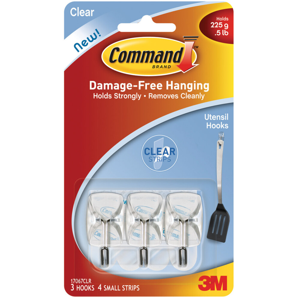 Command Small Utensil Hooks-Clear 3 Hooks & 4 Strips