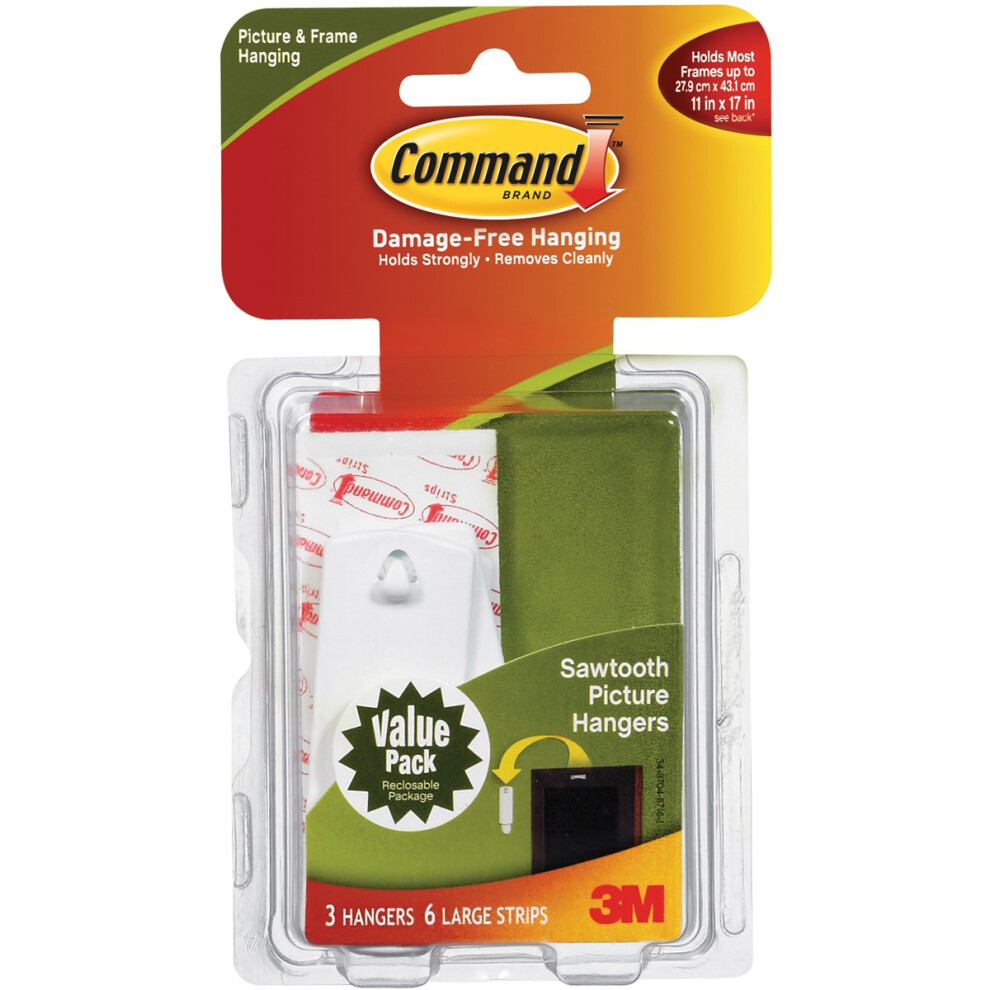 Command Large Sawtooth Picture Hangers-White 3 Hangers & 6 Strips