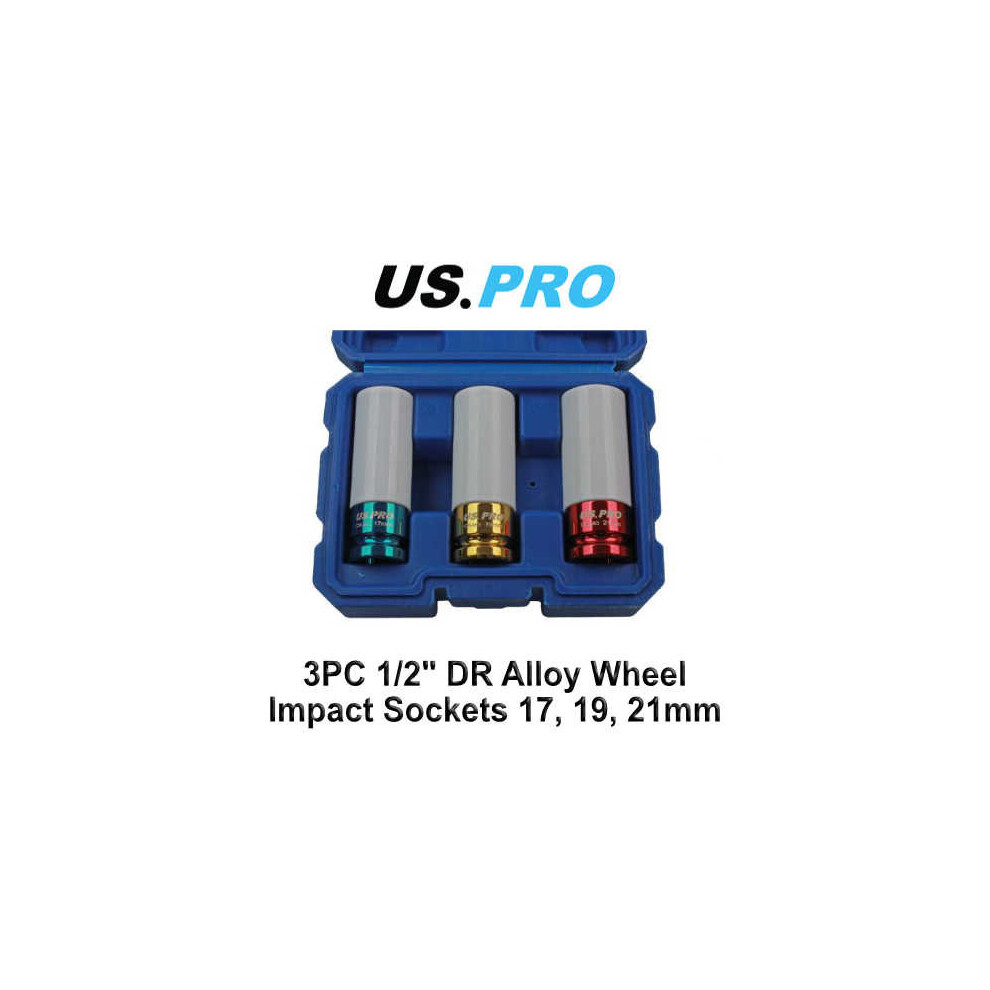 US PRO 3PC 1/2" DR Alloy Wheel Impact Sockets 17, 19, 21mm 1596