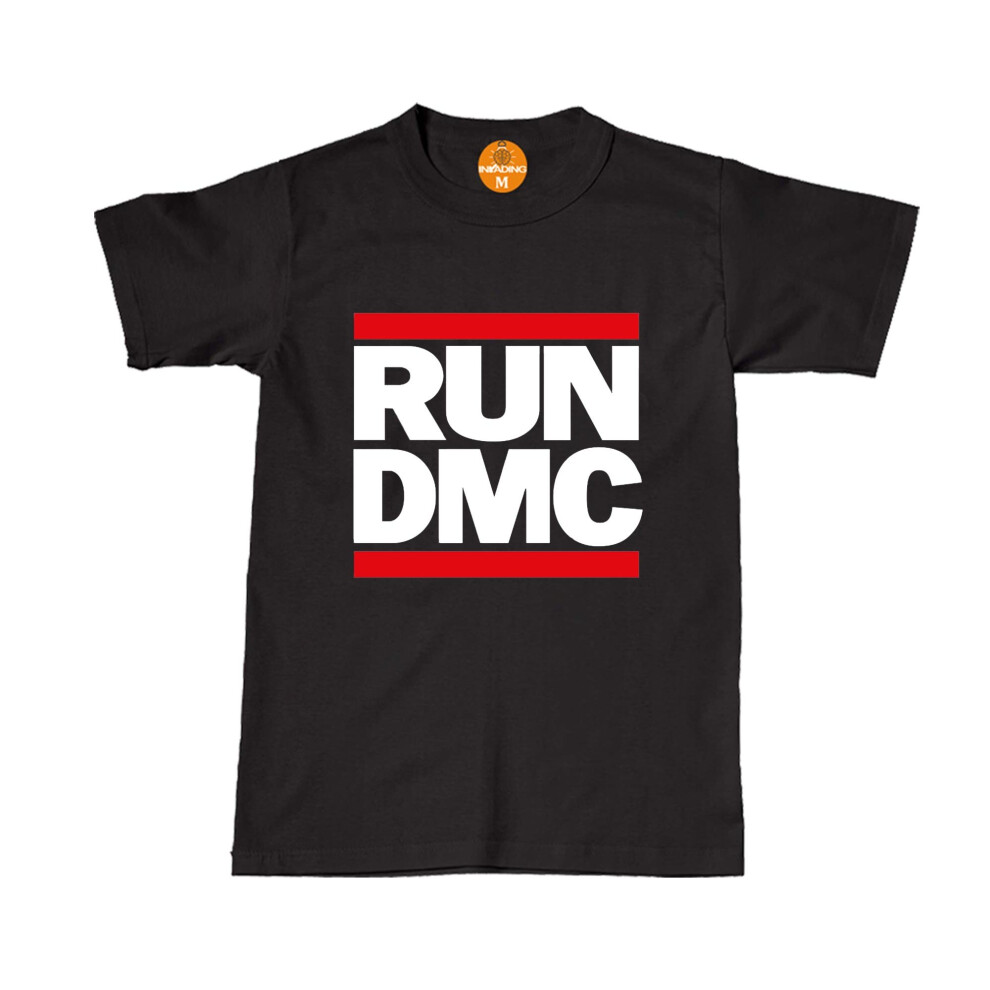 (L, BLACK) RUN DMC T-Shirt Logo Black Tee Hip Hop Retro