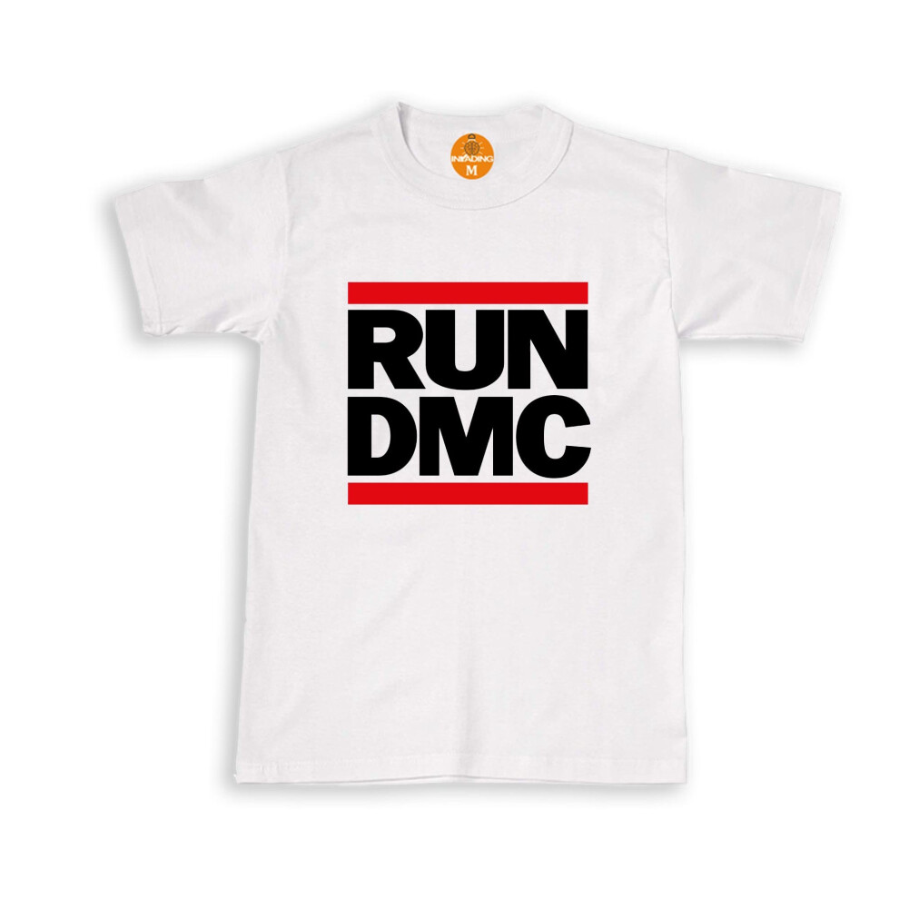 (L, WHITE) RUN DMC T-Shirt Logo Black Tee Hip Hop Retro