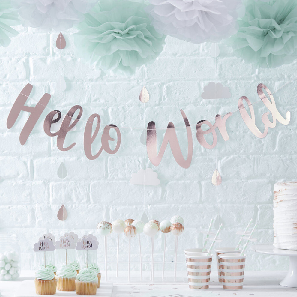 Rose Gold Hello World Bunting - Baby Shower Party Decoration 1.5m