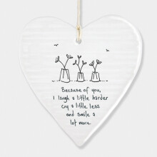 East of India Wobbly Porcelain Heart - Because of You, I laugh a little. Gift