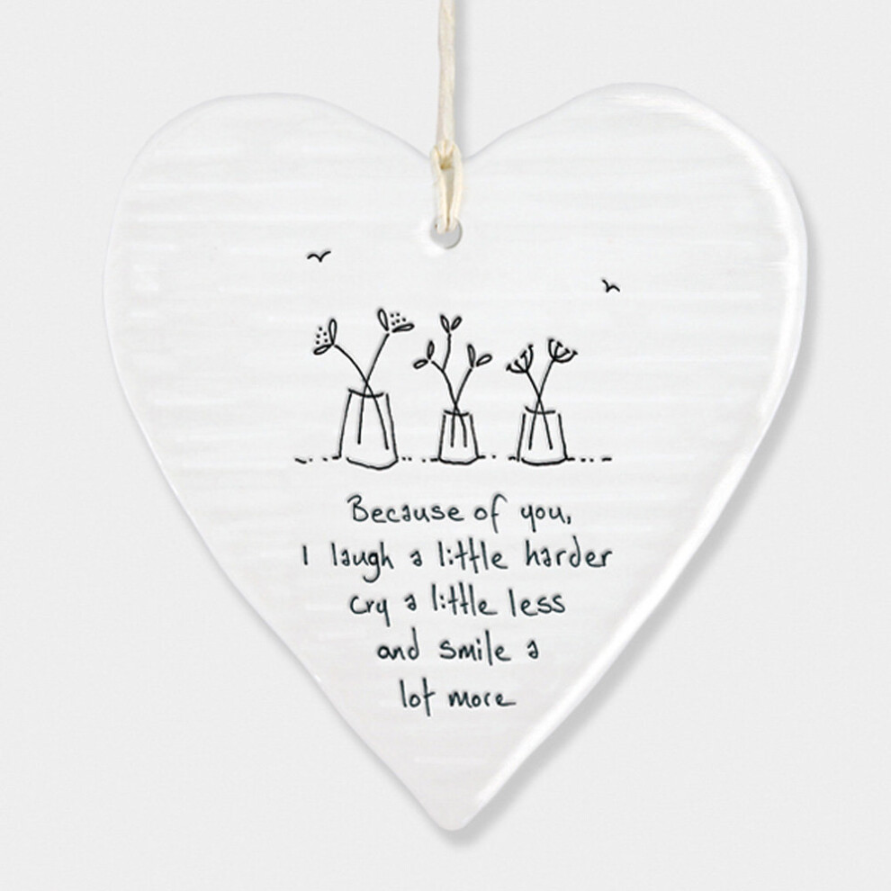East Of India Wobbly Porcelain Heart - Because Of You, I Laugh A Little. Gift