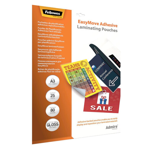 Fellowes Fellowes 5601801 Admire A3 80Mic EasyDisplay Adhesive Backed Pouch 25p