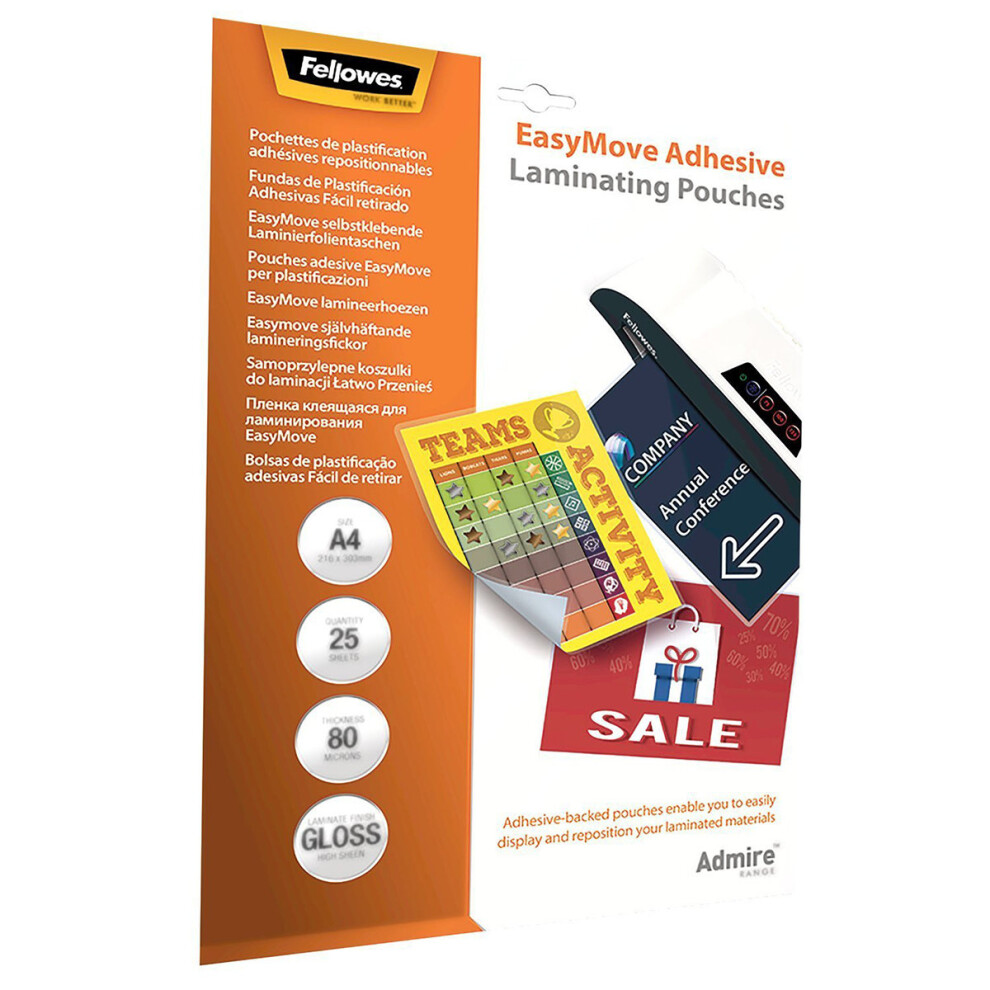 Fellowes 5601701 Admire A4 80Mic EasyDisplay Adhesive Backed Pouch 25p