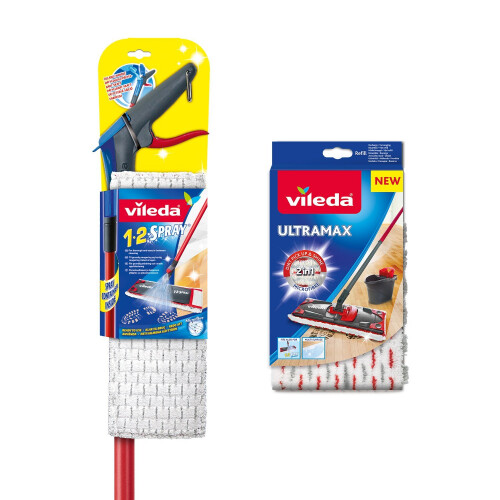 Vileda Vileda 1-2 Spray Microfibre Flat Spray Mop with Extra Microfibre Refill Pad, Red 1