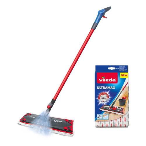 Vileda Vileda 1-2 Spray Microfibre Flat Spray Mop with Extra Microfibre Refill Pad, Red