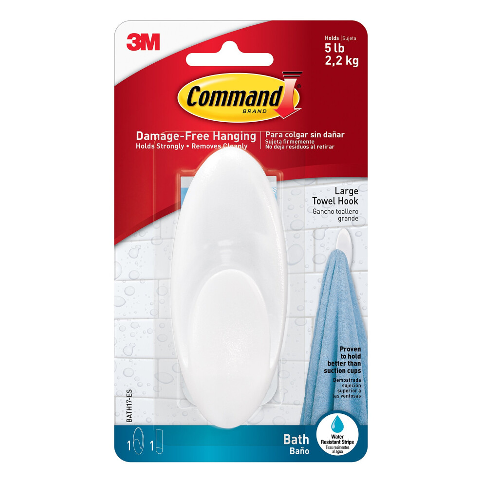 3M Command Bathroom Hook with Water Resistant Strips - Large, White