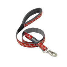 Petface Signature Padded Dog Lead, Medium, Reds Paws with grey stitching