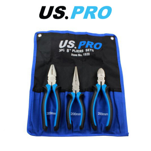 us pro US PRO 3pc 8" Plier Set NI-FE Finish - Combination, Cutters, Long Nose