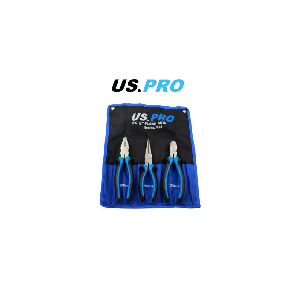 US PRO 3pc 8" Plier Set NI-FE Finish - Combination, Cutters, Long Nose