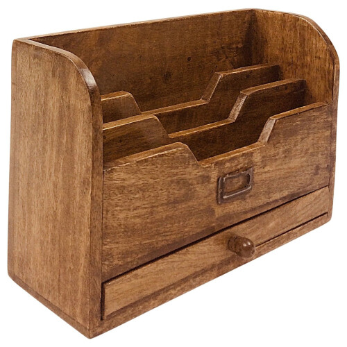 Mango Wood Letter Rack Organiser with Drawer - Free Standing