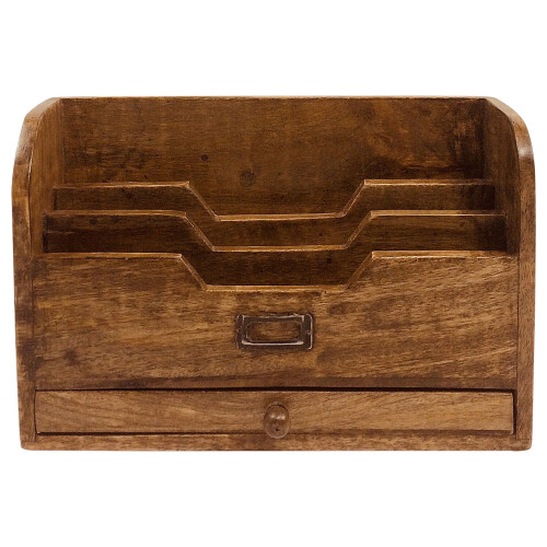 Mango Wood Letter Rack Organiser with Drawer - Free Standing 2