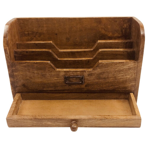 Mango Wood Letter Rack Organiser with Drawer - Free Standing 1