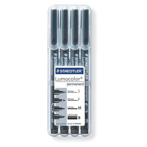 Staedtler Staedtler 31-9WP4GS Lumocolor Pack of 4 Permanent Pens Assorted Tips, Black 1
