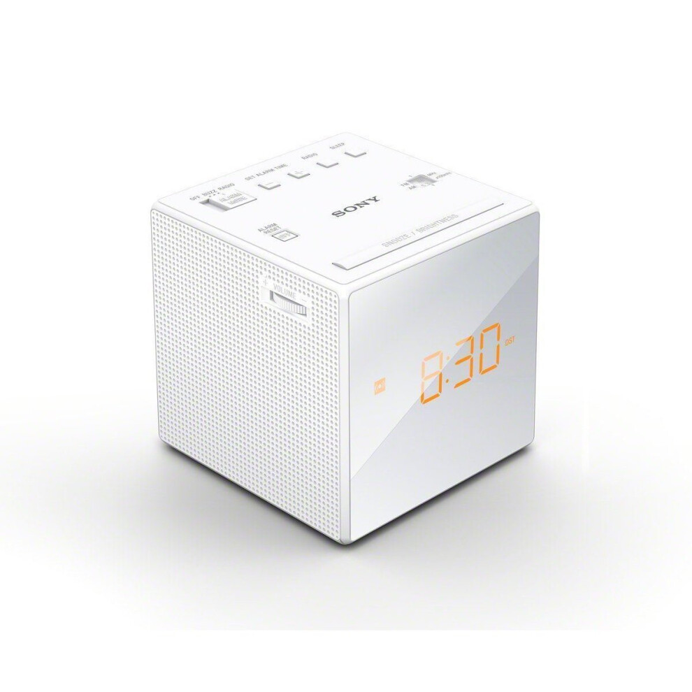 Sony FM/AM Modern Small Cube Clock Radio with Alarm and Snooze - White, ICF-C1