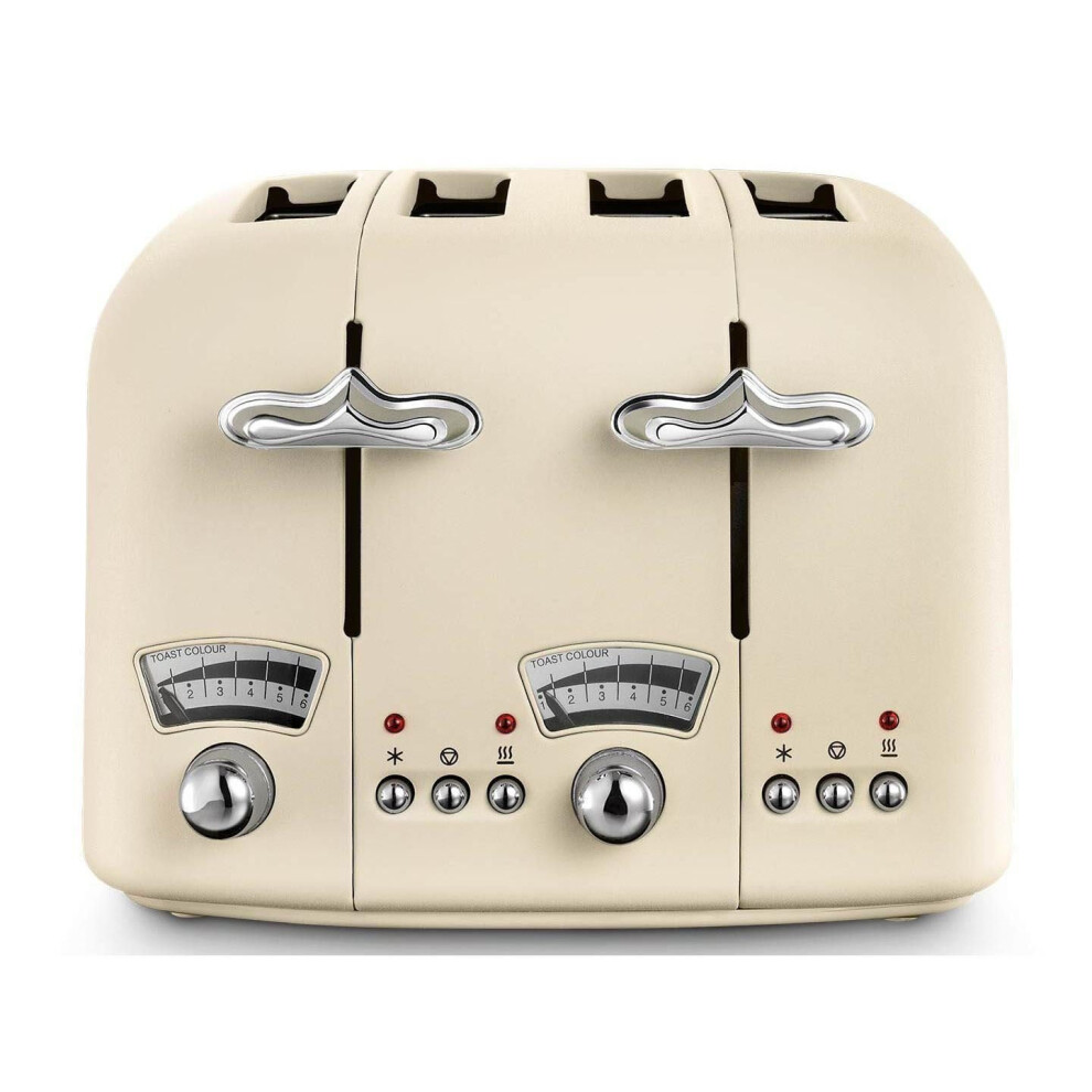 De'Longhi Argento Flora 4-Slice Wide-Slot Toaster with Extra Lift - Beige/Chrome, Elegant and Efficient