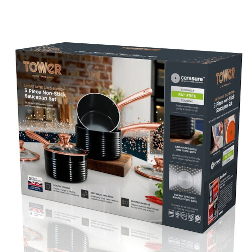Tower Tower 3pc Linear Non-Stick Saucepan Set | Black & Rose Gold Aluminium Pans 1