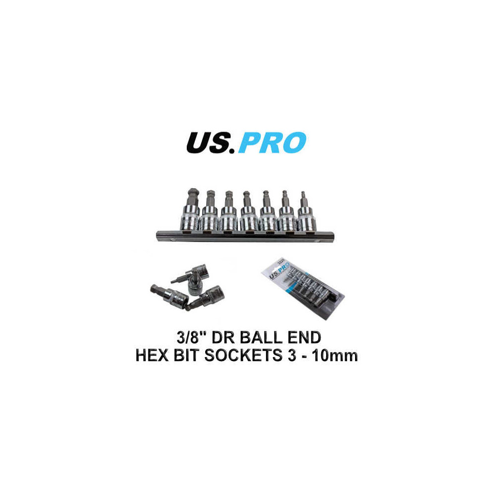 US PRO 7PC 3/8" DR Ball End Hex / Allen Bit Sockets On Rail L: 48mm