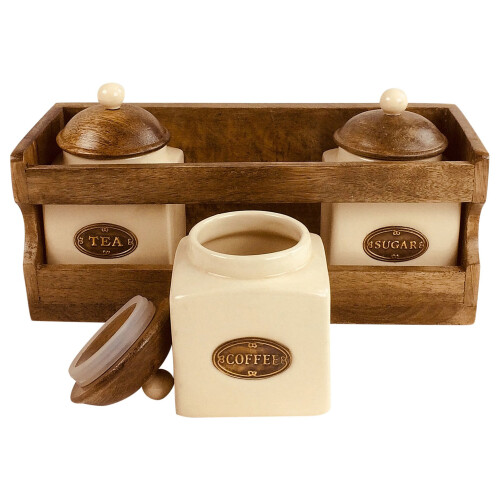 Wooden Rack Cabinet with 3 Set Ceramic Tea Coffee Sugar Storage Jars