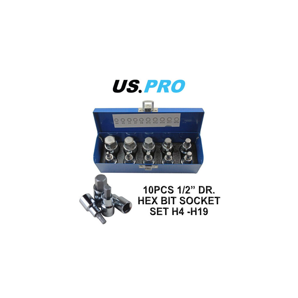 US PRO 1/2" Dr 10pc Hex Allen Bit Sockets, Socket Key Set H4 - H19