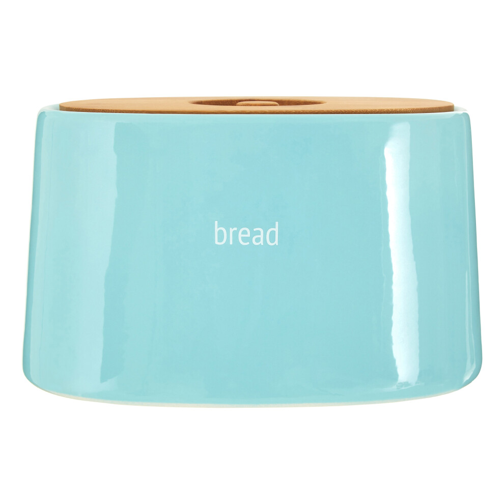 Premier Housewares Fletcher Bread Crock Worded Detail Dolomite Bamboo Lid Blue