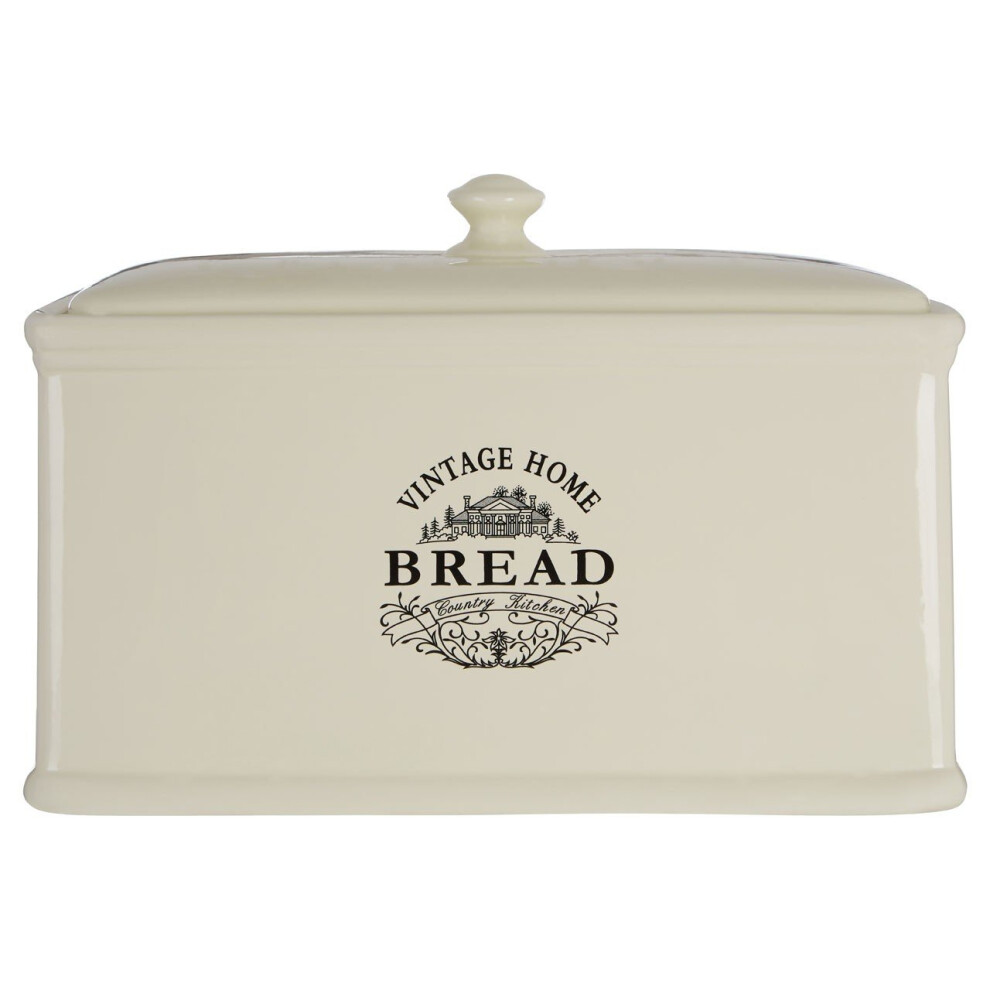 Vintage Home Bread Crock Elegant Wording Detail Cream Ceramic