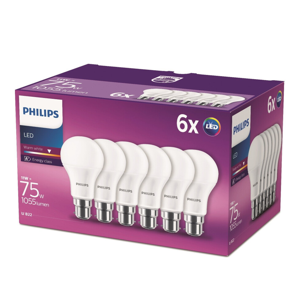 Philips LED B22 Bayonet Cap Light Bulbs, 11 W (75 W) - Warm White, Pack of 6