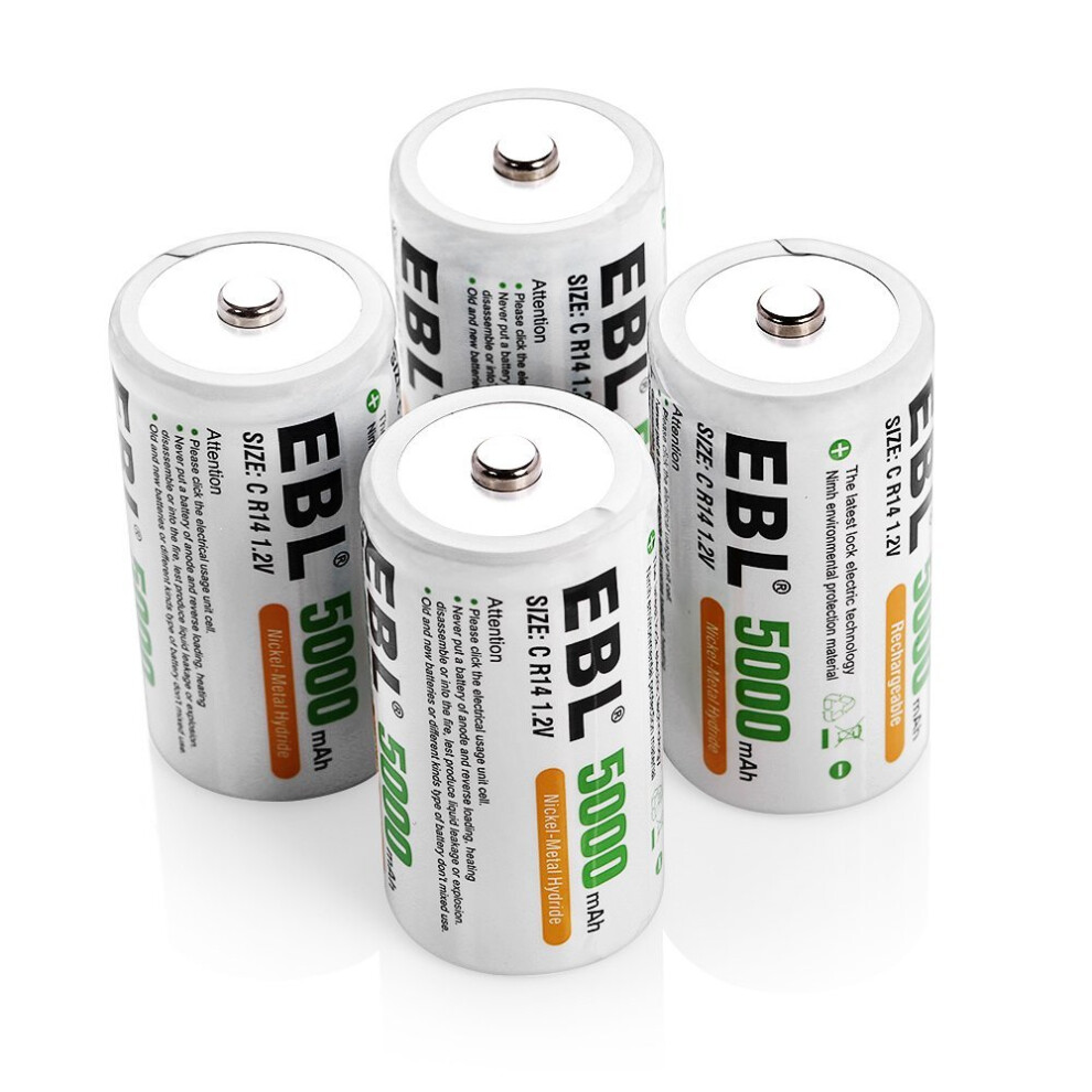 EBL Upgraded C Size 5000mAh Ni-MH Rechargeable Batteries + Storage Cases, 4pack