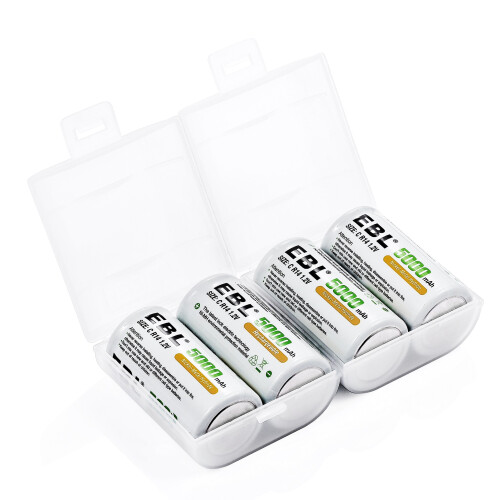 EBL Upgraded C Size 5000mAh Ni-MH Rechargeable Batteries + Storage Cases, 4pack 1