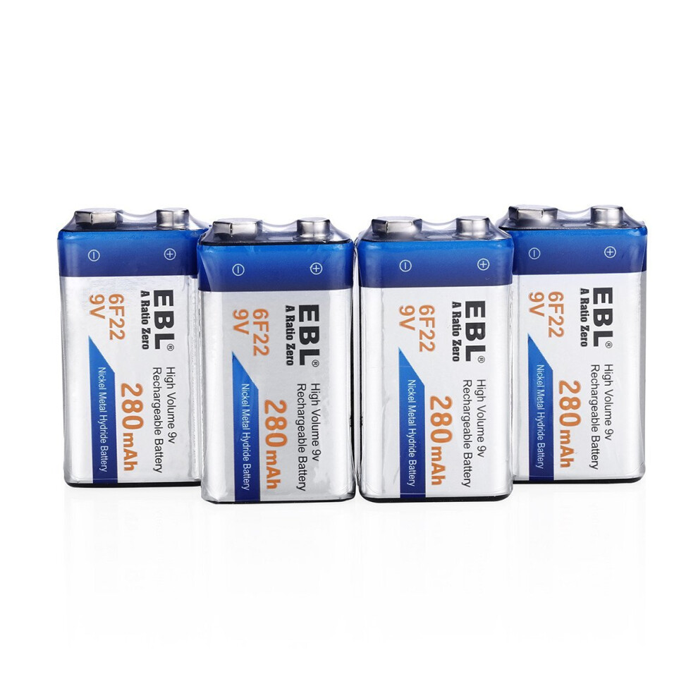 Ebl 9 Volt Pp3 280Mah Rechargeable Batteries, 4 Pack 9V Ni-Mh Batteries 702563692158