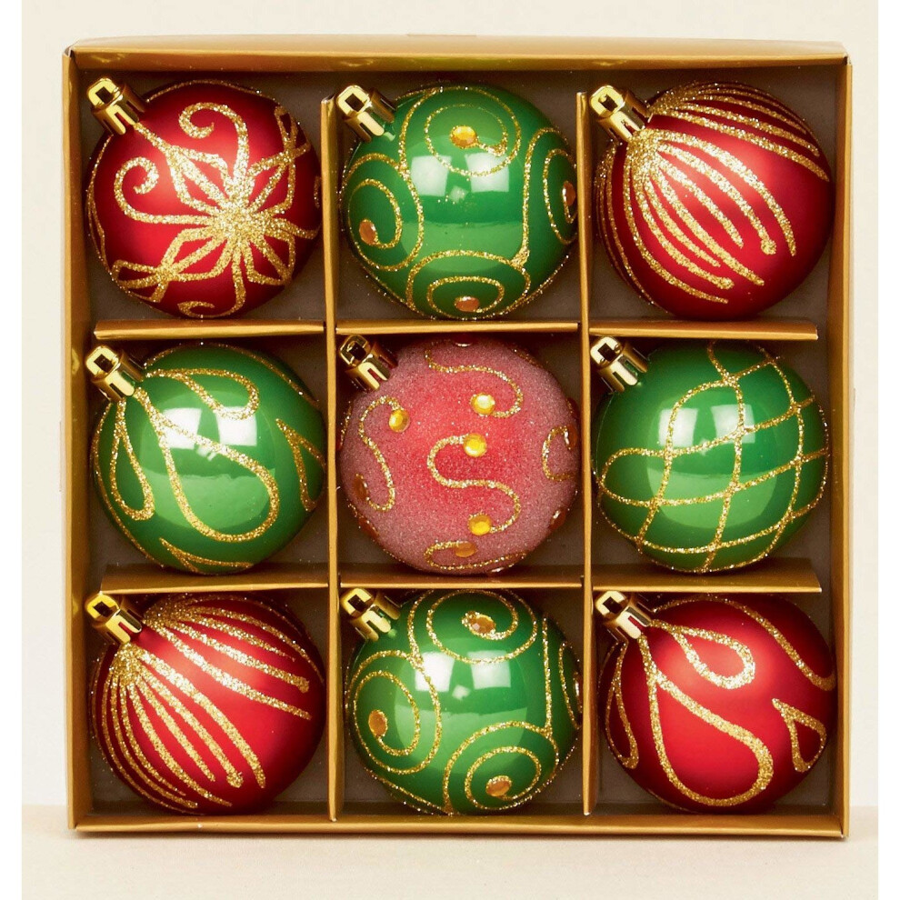 Set of 9 Red & Green Christmas Tree Baubles Xmas Festive Decorations by Premier