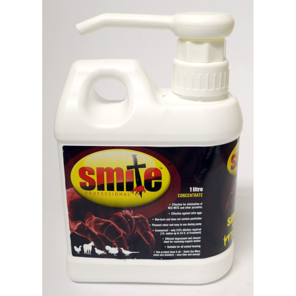 Smite Red Mite/Parasite Treatment & Disinfectant 1L (Code 910021) – Concentrate, 34L yield; kills mites, eggs, bacteria & viruses