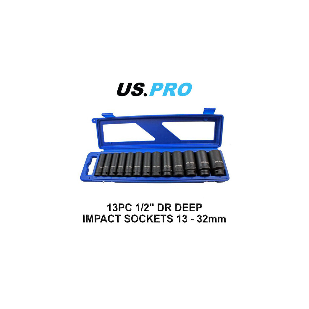 US PRO 13pc 1/2 Dr 12pt Deep Impact Sockets Metric 13 - 32mm 1683