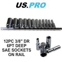 US PRO 12pc 3/8"dr Deep SAE Sockets 6 Sided Hex On Rail 3257