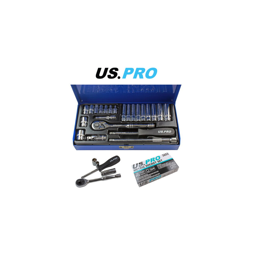 US PRO 24pc 1/4 Dr 6 Point Metric Socket Set 4 - 13mm 3253