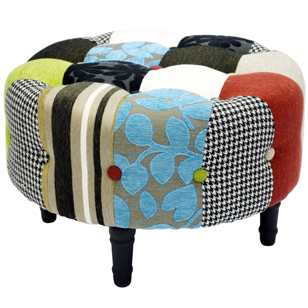 Plush Patchwork - Round Pouffe Padded Footstool With Wood Legs - Blue Green Red