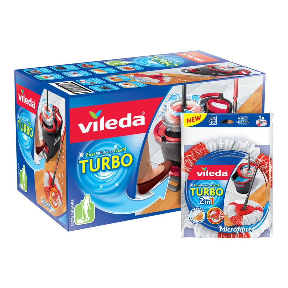 Clean Turbo Microfibre Mop and Bucket Set with Extra 2-in-1 Refill, Black/Red